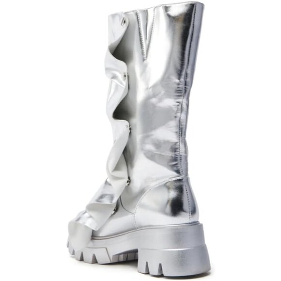 Women's Synthetic Silver Shin Metallic Chunky Sole Unique Wrinkled Long Boots - Picture 4 of 6